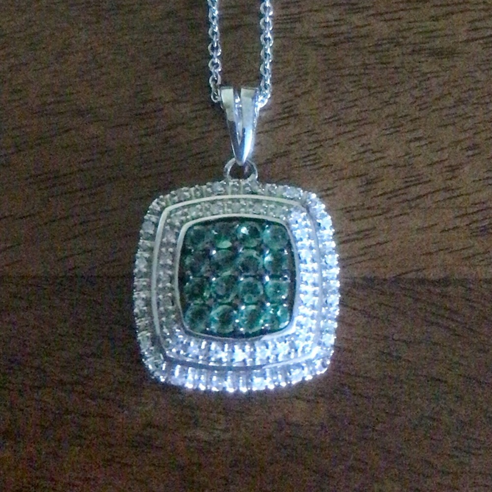 Sterling Silver Zambian Emerald & Diamond Necklace
